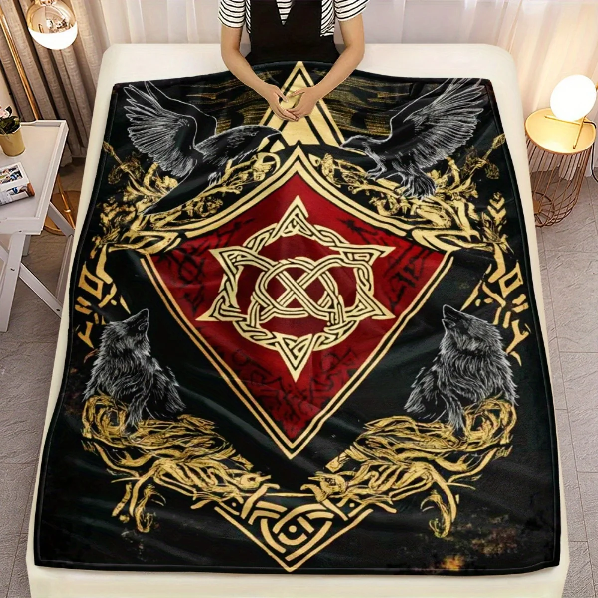 Viking Norse Mythology Raven Wolf Celtic Knots Symbol Fleece Blanket Nordic Tribal Art WarriorDesign Men's Gift Soft WarmBedding