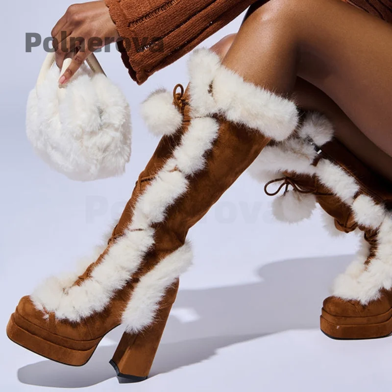 

Белые пушистые коричневые замшевые высокие сапоги на платформе, женские теплые зимние сапоги в стиле Лолиты на массивном высоком каблуке с меховым помпоном для девочек, зимняя обувь