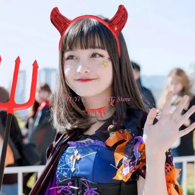 N5KF 1set Costume Set Devil Horns Headband Tail Choker Scepter Set Kids Adult Fancy Costume Halloween Accessories