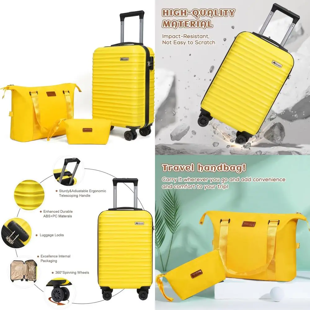 

3 Piece Hardshell Spinner Luggage Set with Carry-On Suitcase, Weekender Bag, and Toiletry Bag - Yellow