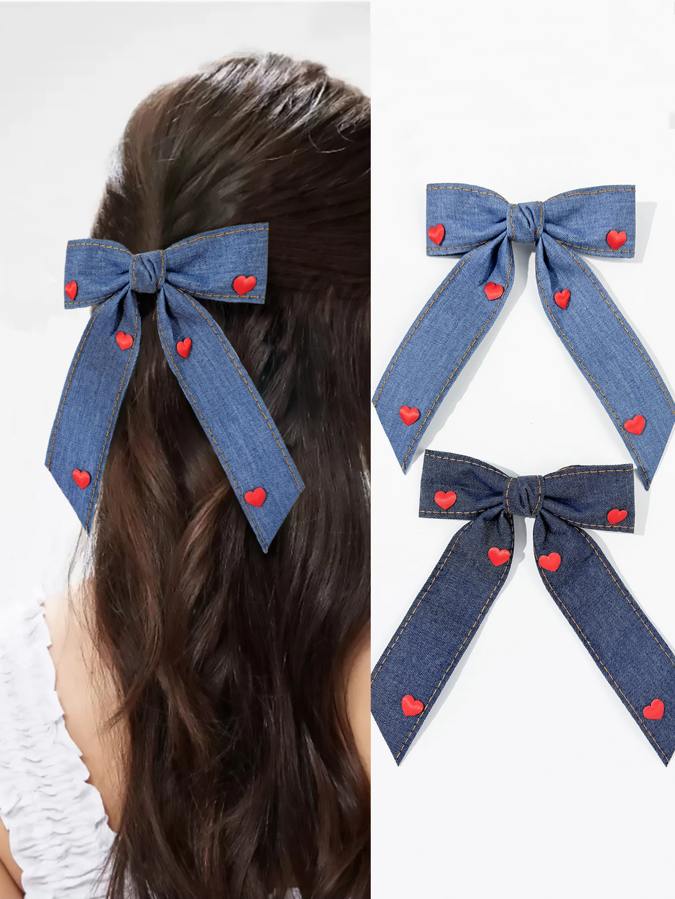 Red heart-shaped denim bow hair clip, sweet and feminine temperament, niche and high-end hair accessory
