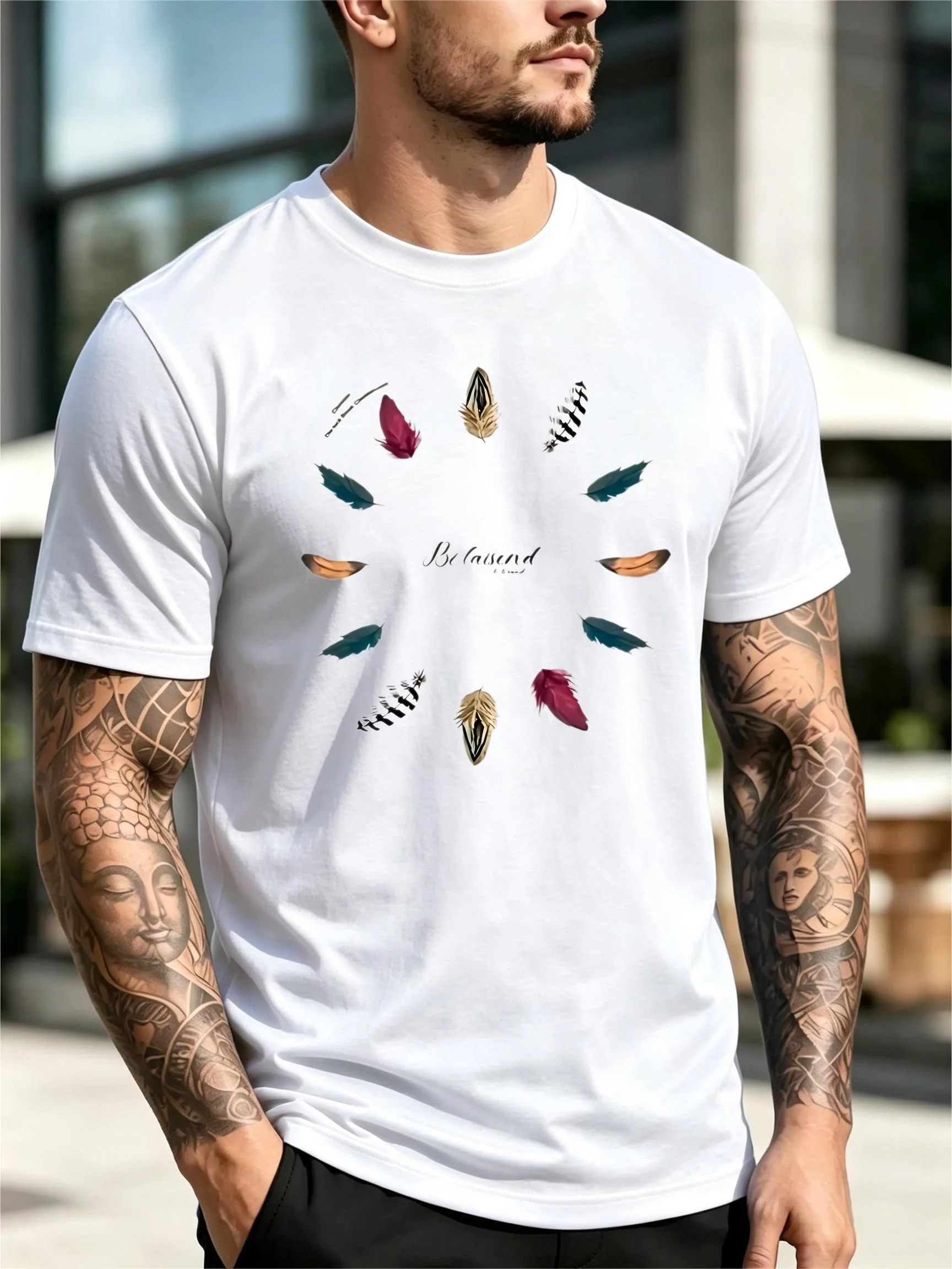 Men's White Short-Sleeve T-Shirt with Multicolored Feather Design, Handwritten Floral English Print, Loose Fit, Oversized, Simple, Healing, Commuter, Summer Casual Round-Neck Top