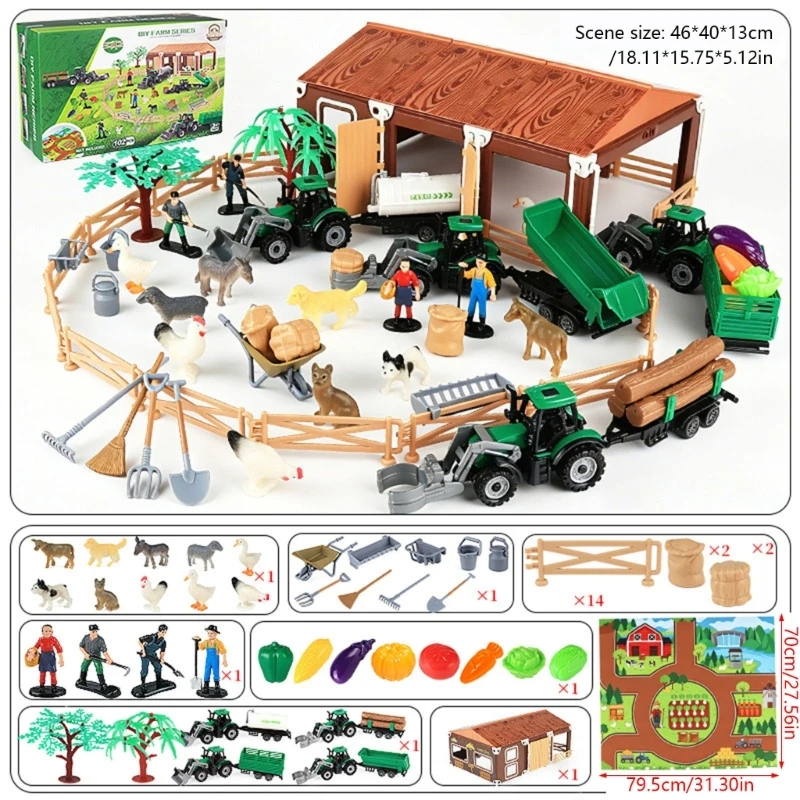 Miniature Scene Playset with Rearrangeable Figures, Buildings, Fences, and Trees for Changing Pretend Play Layouts 15UB