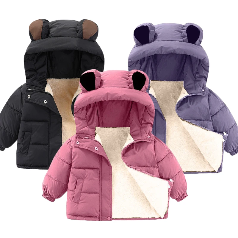 New Winter Boys Girls Jacket Solid Color Lamb Wool Lining Thick Warm Hooded Coat For 2-8 Years Boys Cotton Down Zipper Outwear