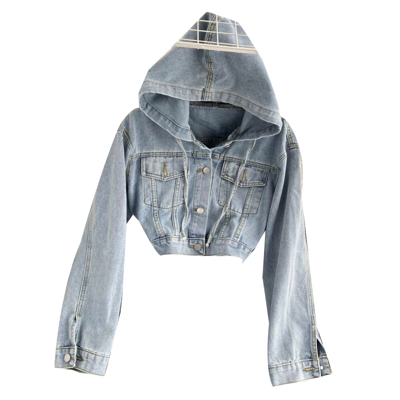

Chic Hong Kong Sle Hooded Open Cardigan Autumn Wear Casual Retro Denim Jaet ort Length Women's Faion Commute Pure Color