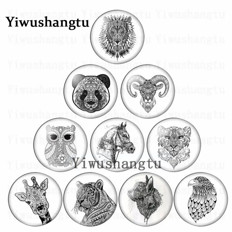 Cabochon New animals head horse lion cat deer tiger12mm/20mm/25mm/30mm Round photo glass cabochon demo flat back Making findings