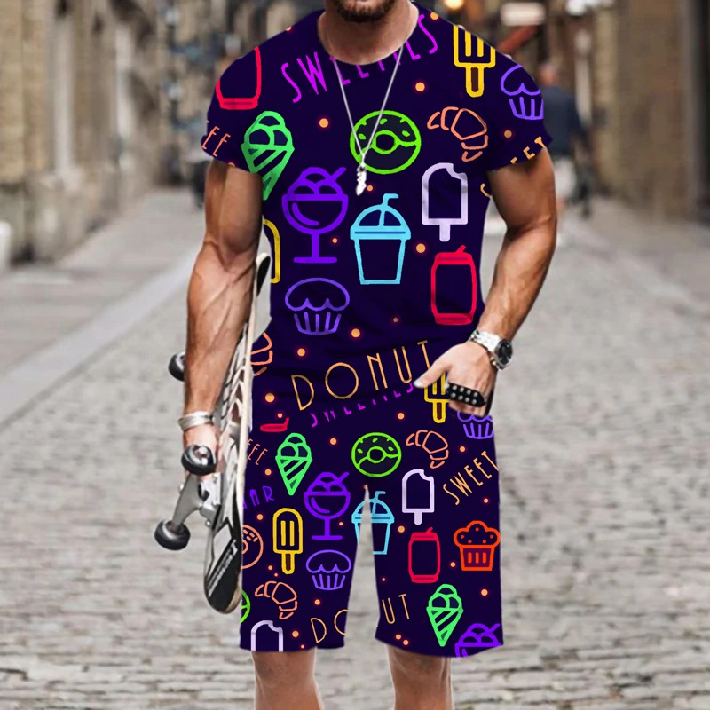 

Men's T-shirt Shorts Set Short Sleeve Colorful Luminous Pattern Sportswear Luxury Summer Street Spring Autumn 3D Printed Outfit