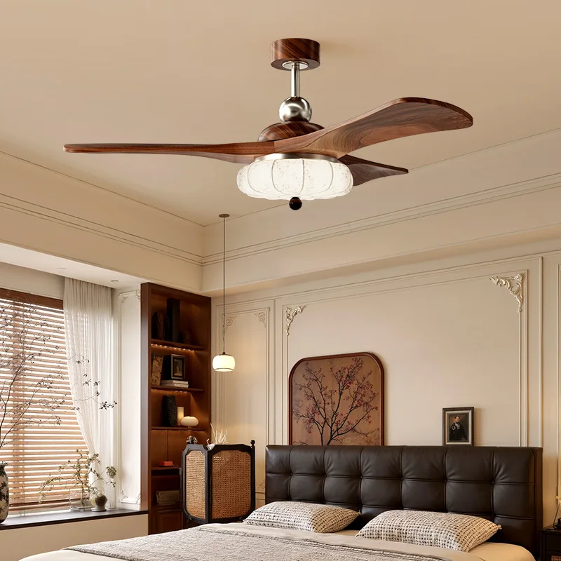 Fan light Solid wood dining room chandelier Living room chandelier, annual fabric full spectrum eye protection electric fan ligh