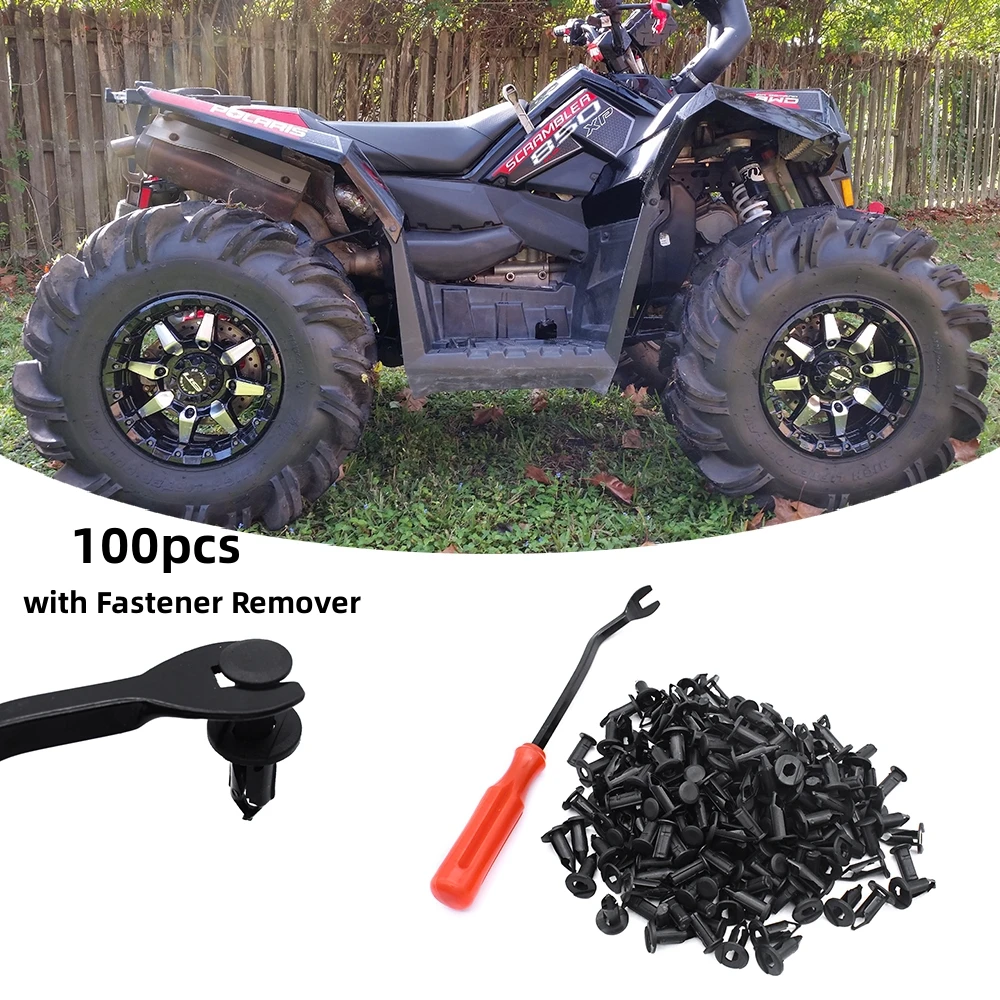 100pcs UTV ATV Plastic Fender Clips Body Rivets with Fastener Remover for Polaris Predator Rangers RZR Scrambler Sportsman