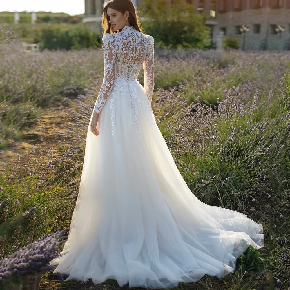 Welove o-pescoço applique tule vestido de casamento clássico a linha até o chão ilusão manga longa noiva personalizado trem varredura vestido