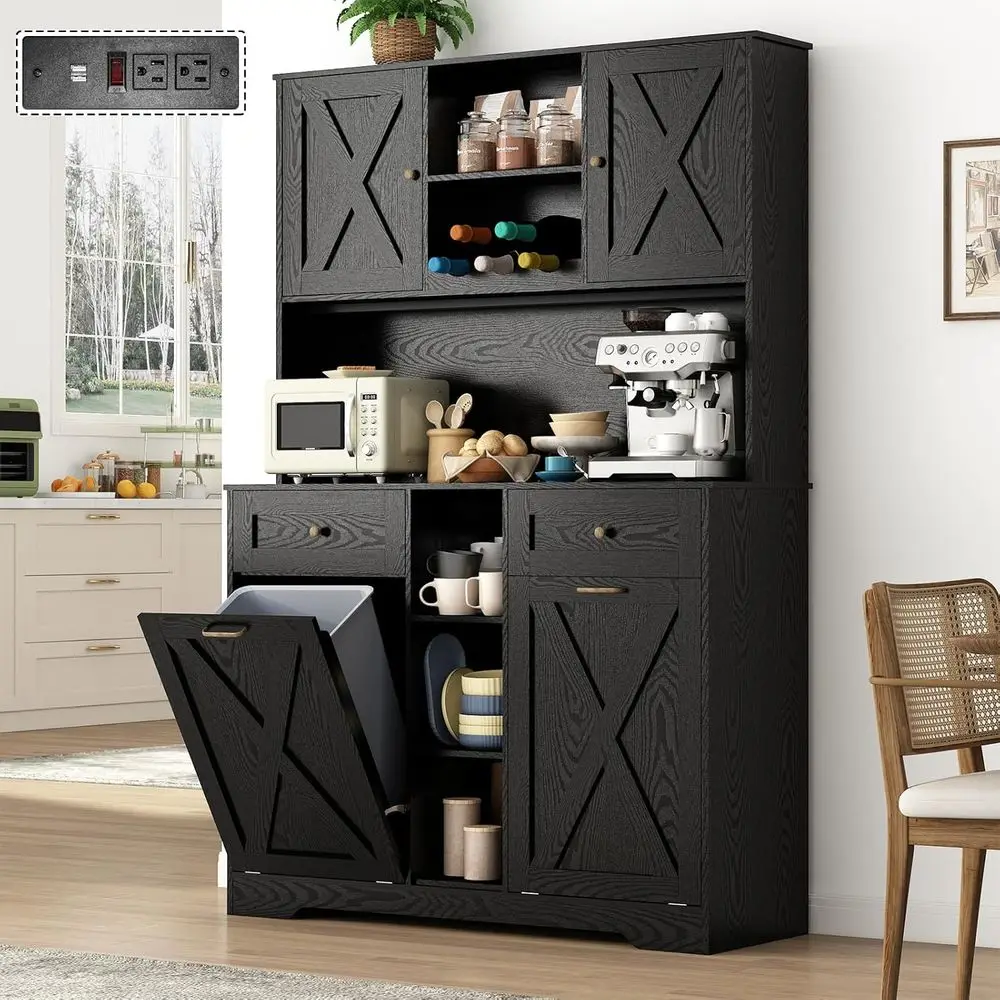 

71" Tall 47"Wide Kitchen Pantry Storage Cabinet with Power Outlets,armhouse Kitchen Double Out Trash Cabinet 10X2 Gallon Garbage