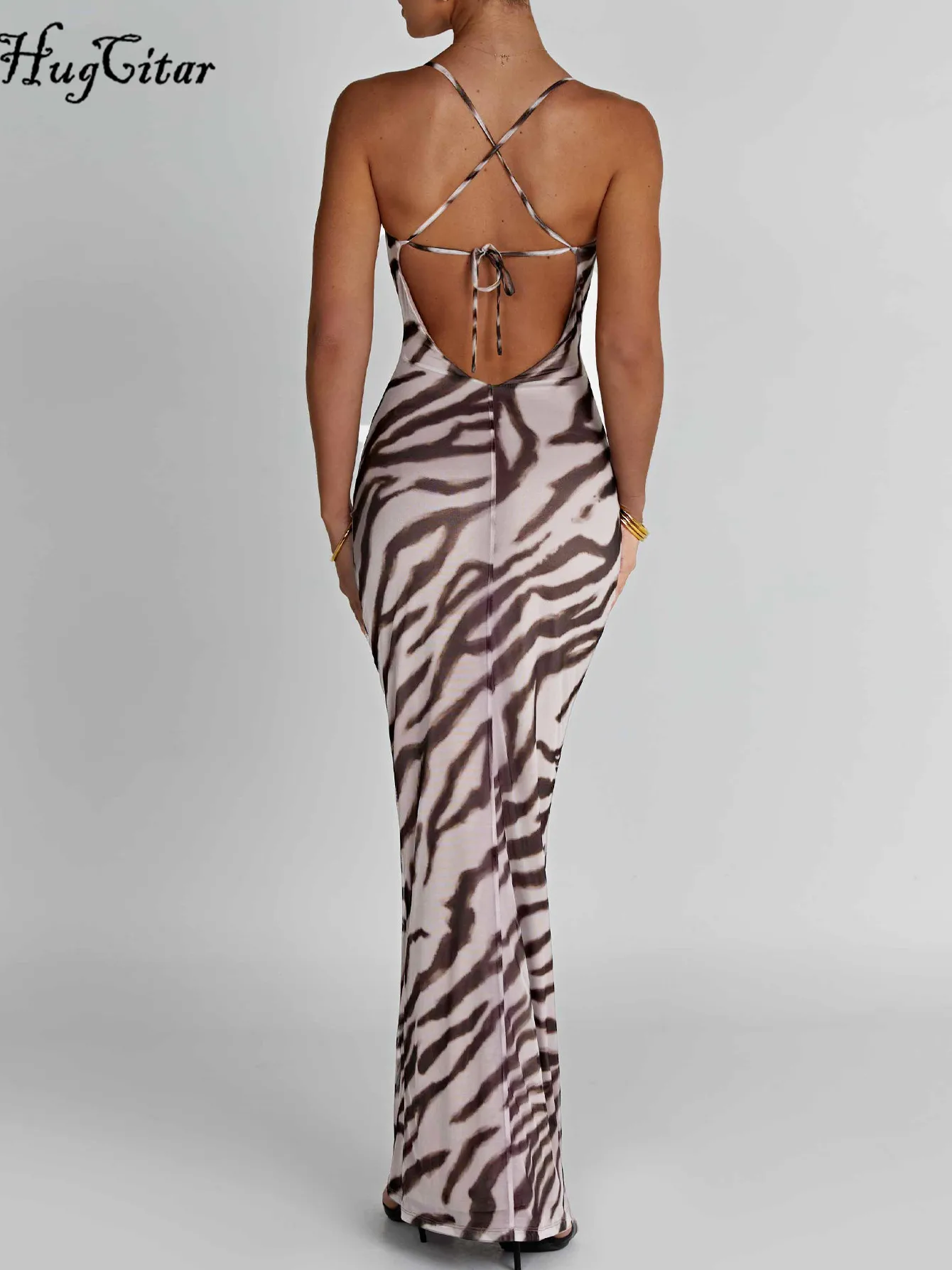 Hugcitar Zebra-Print-Slips, rückenfrei, sexy, figurbetontes Maxikleid, 2025, Frühling, Damenmode, Y2K-Kleidung, Geburtstagsfeier, Festival
