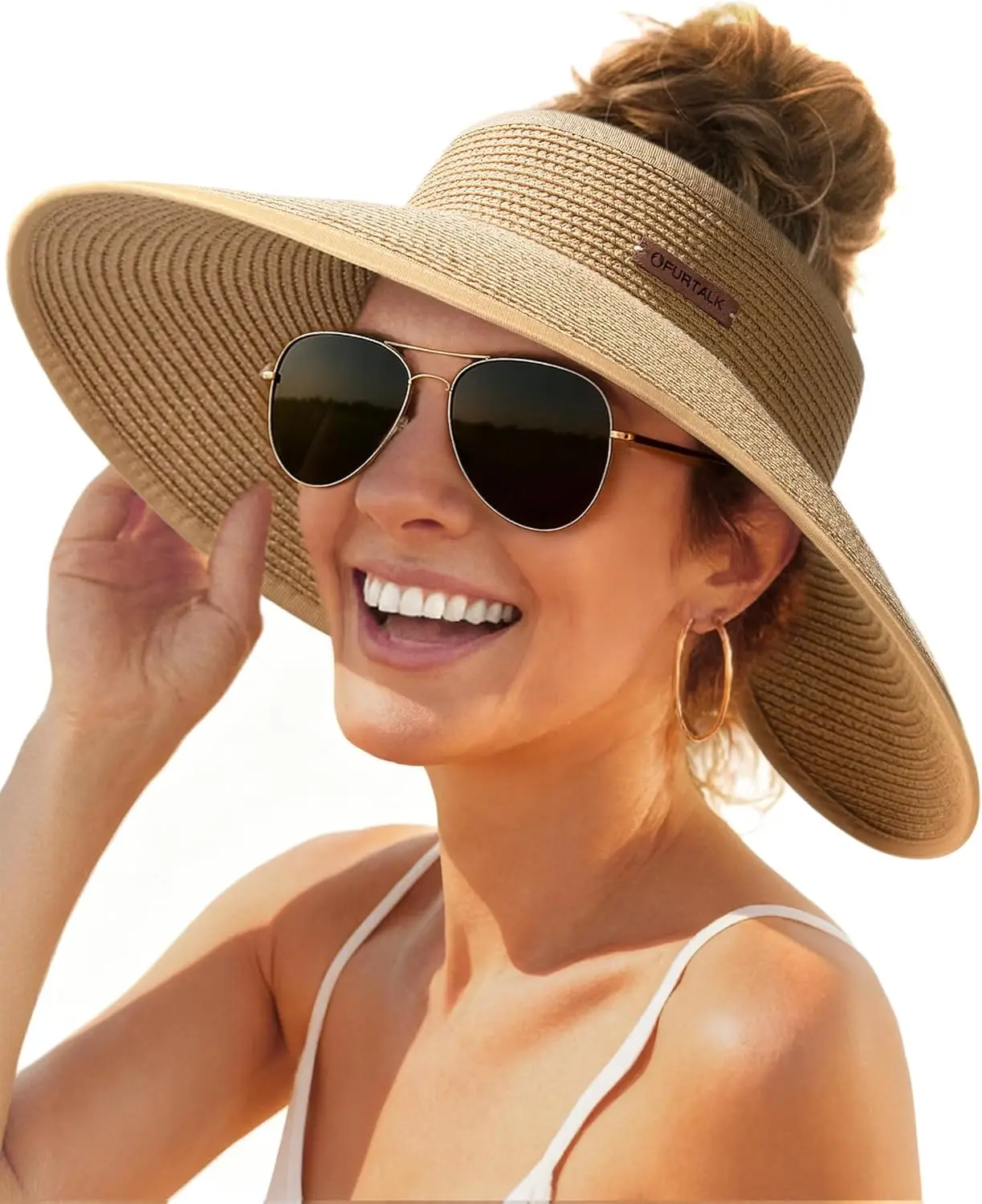 

Wide Brim Straw Sun Hat for Women, UV Protection Packable Beach Hat with Ponytail Hole, Summer Vacation Essential