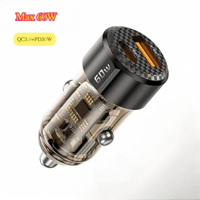 

Mechanical-Style Transparent Design MAX 60W 2 Port Car Cigarette Lighter Charger with PD30W QC3.0 Super Fast Charging USB