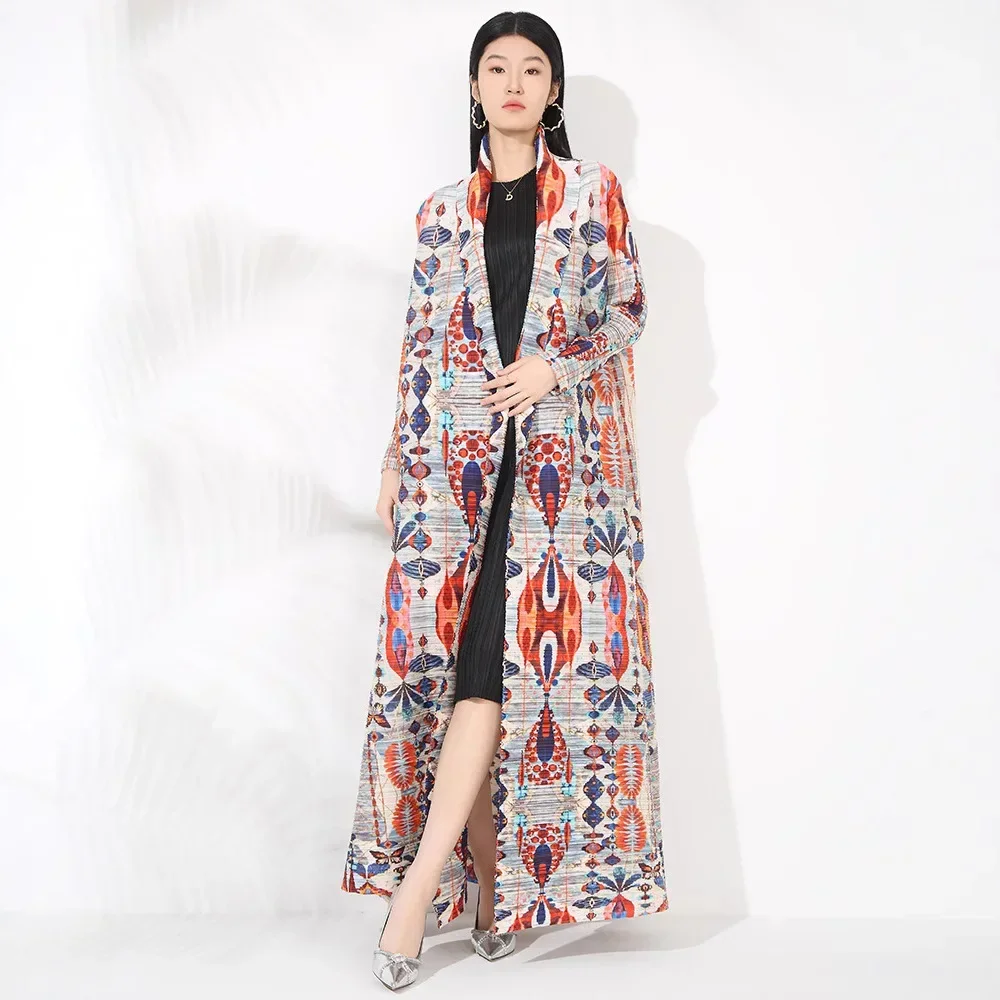 Miyake Pleated Vintage Printed Turn-down Collar Long Sleeve Long Jacket Women Designer Abaya New Dubai Fashion Plus Size Coats