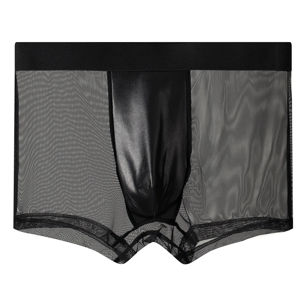 Men Mesh Glossy Leather Underwear Elastic Wide Waistband Boxer Shorts Breathable Transparent Lingerie For Male Adult