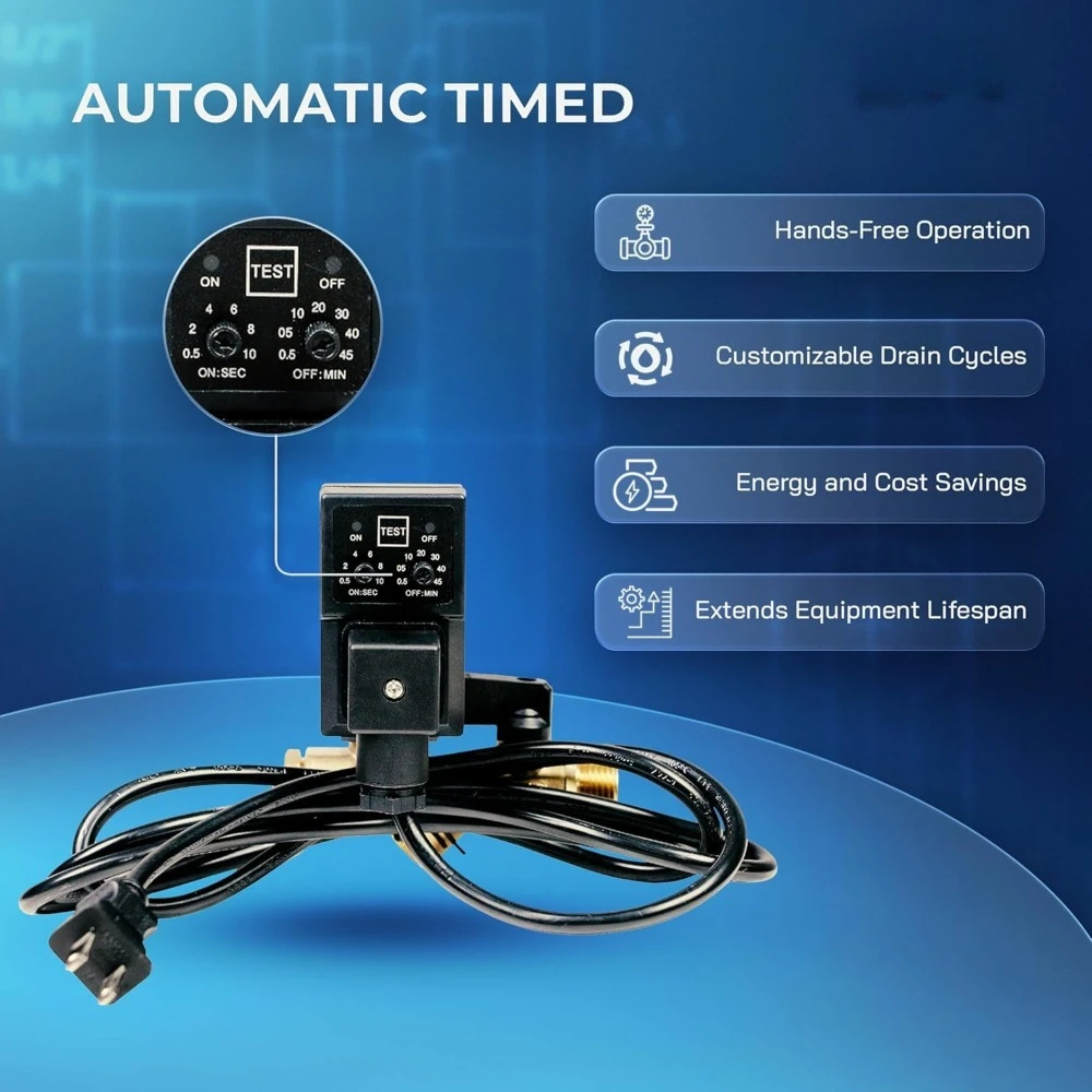 Electronic Automatic Drain Valve 1/2 to 1/4 NPT 110V AC Air Compressor Tank Drain Solenoid Valve with Timer 6ft Cable 235 PSI