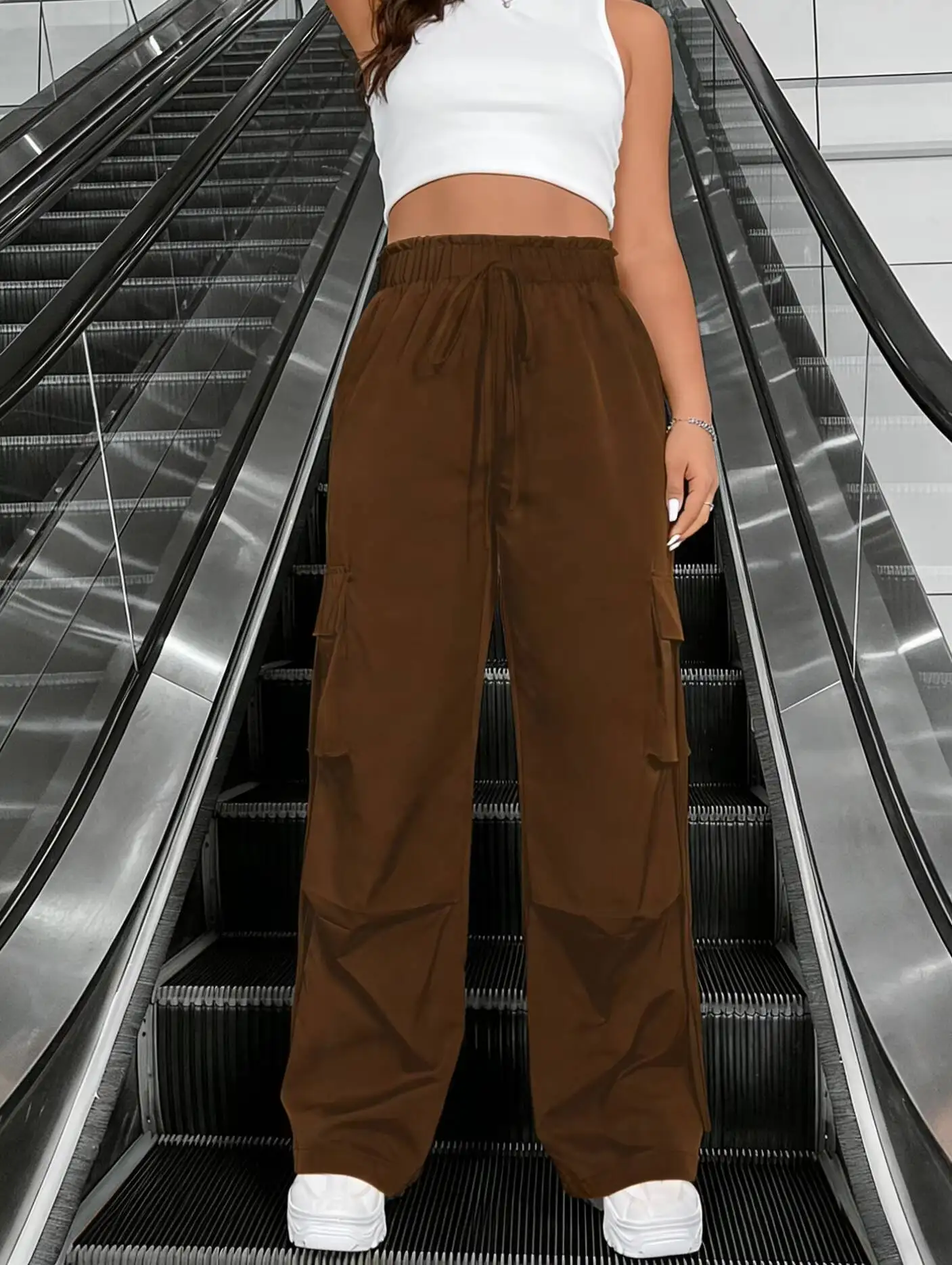 Women Ruffle Elastic Waist Drawstring Cargo Pants Multi Pocket Loose Wide Leg Streetwear Casual Trousers