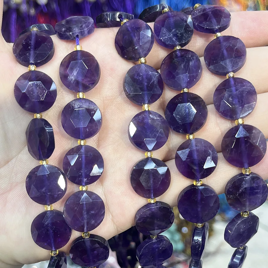 

High Quality Natural Amethyst Round Cake Shape Faceted Bead Loose Beads For DIY Handmade Bracelet Necklace Accessories 15'15mm