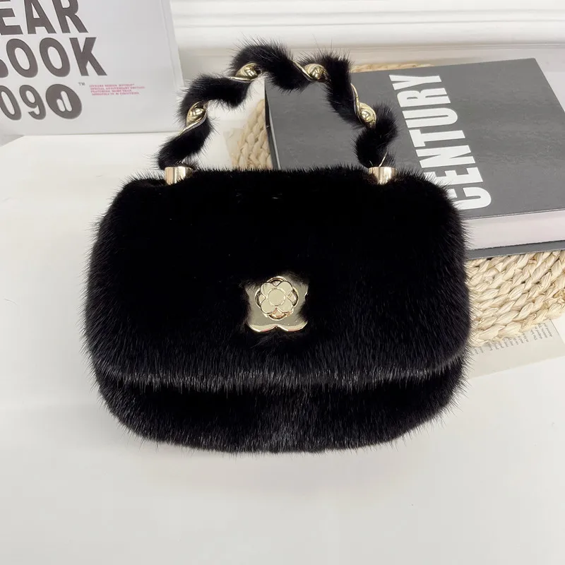 Real Mink Fur Bag Winter Natural Fur Bag For Women Single Shoulder Chain Bag Fashion Crossbody Handbag Luxury Evening Party Bag