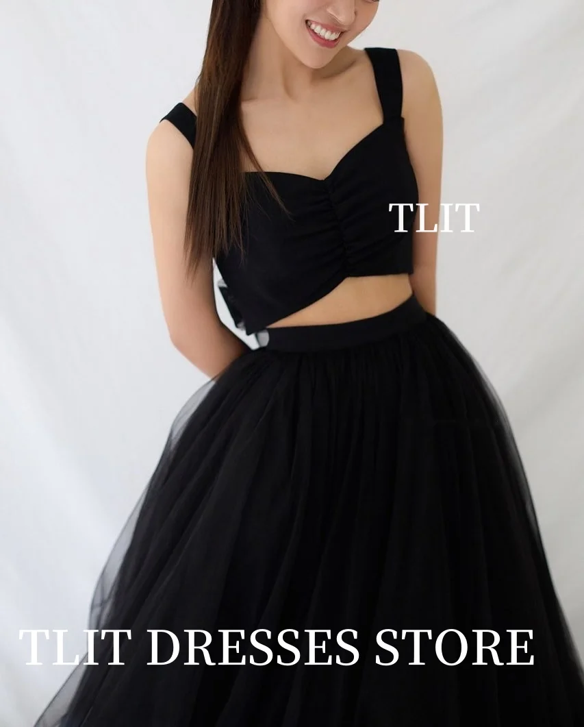TLIT Simple Black Two-Piece Tulle Evening Dresses Customized Korea Wedding Dresses Photo Shoot Spaghetti Strap Criss-Cross Gown