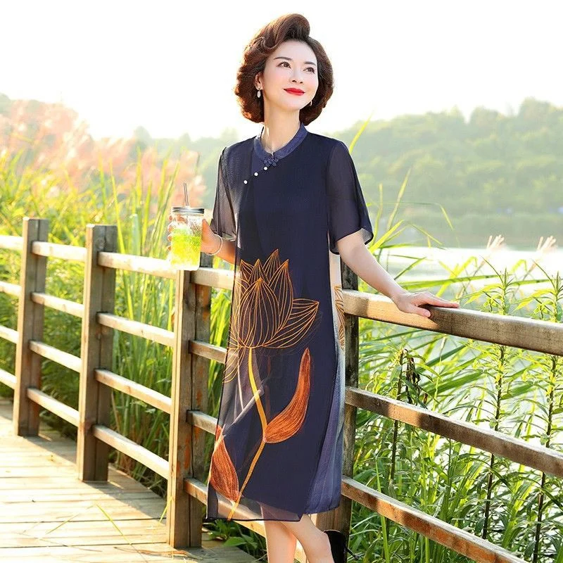 Mother Printing Dress Summer Dress Female 2024 New Middle Elderly Women Short-Sleeved Chiffon Temperament Mom Elegant Dresses