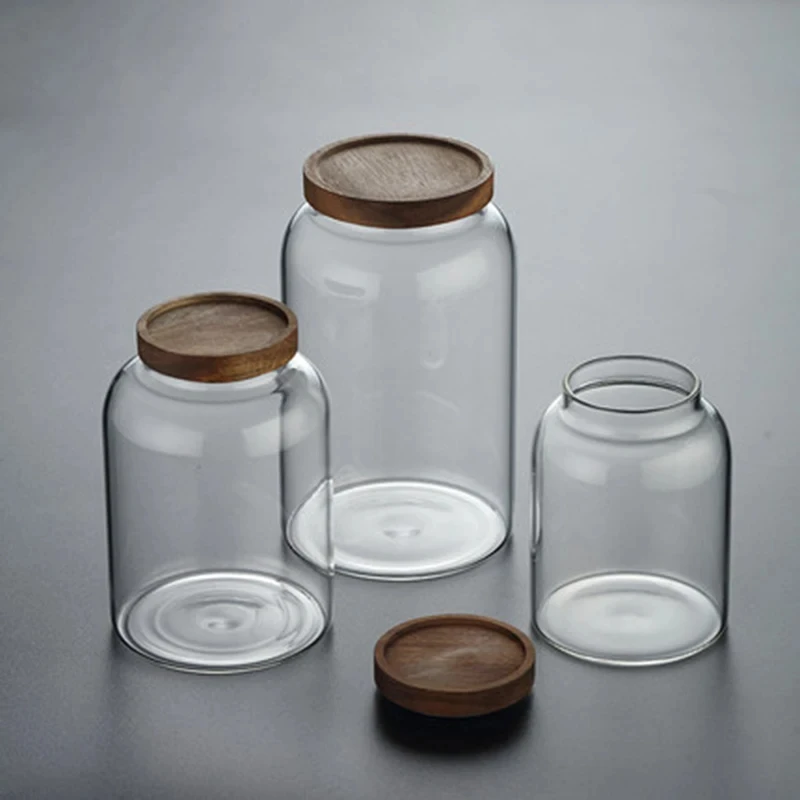 1PCS Coffee Bean Glass Storage Jar Large Capacity Sealed Storage Wood Cover Coffee Bean Storage Jar Organizer Kitchen Containers