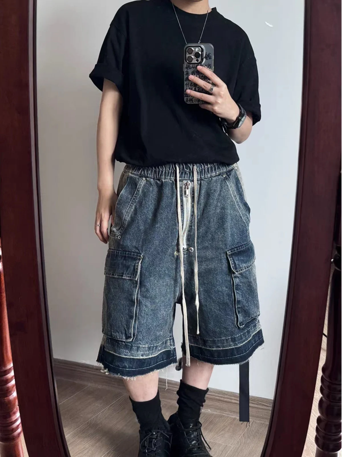 

Retro American Workwear Men's Summer Loose Fit Straight Leg Five ket orts Youth Casual Wear Durable Non-Stretch Jeans