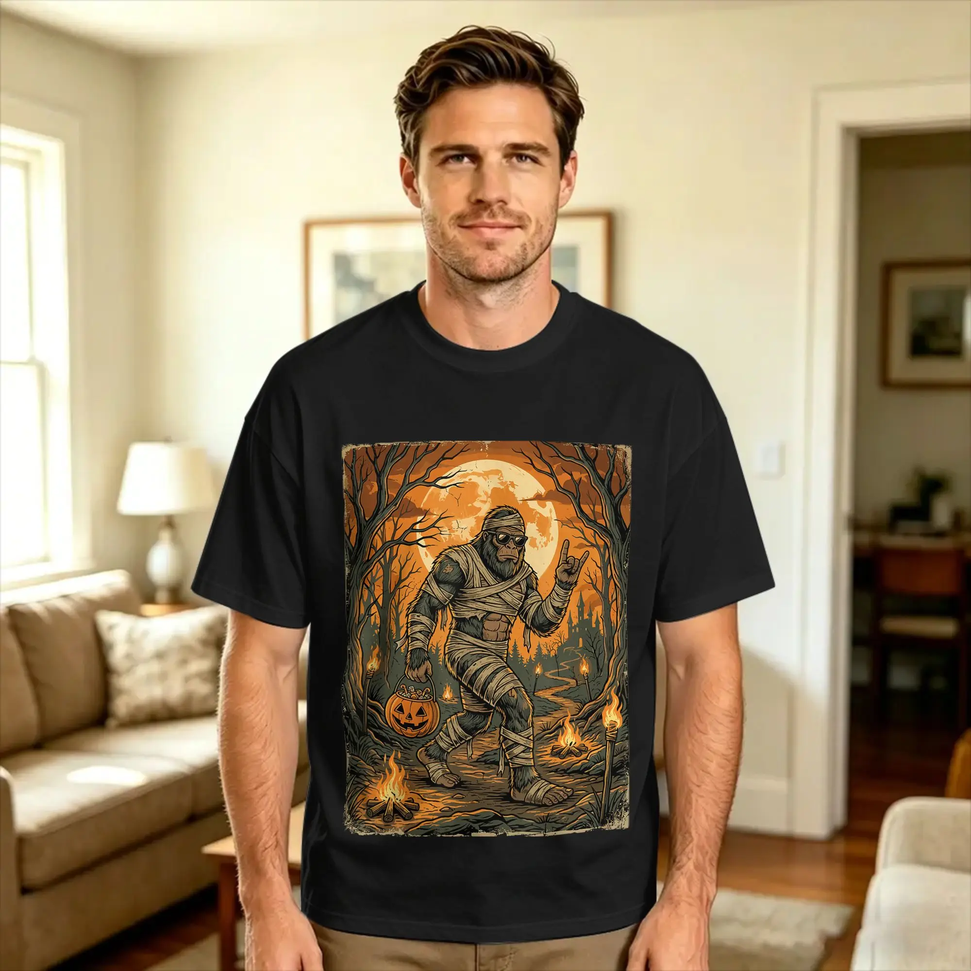 Vintage T Shirt Summer Mummy Bigfoot Halloween Pumpkin Sunglasses Spooky Moon Leisure T-Shirts  100% Cotton Tshirt for Male