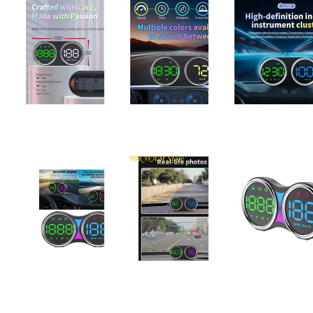 Driving Data Screen Device for Dashboard with Twin Car Speed Readout Type-C Buttons for Commute and Travel 68UF