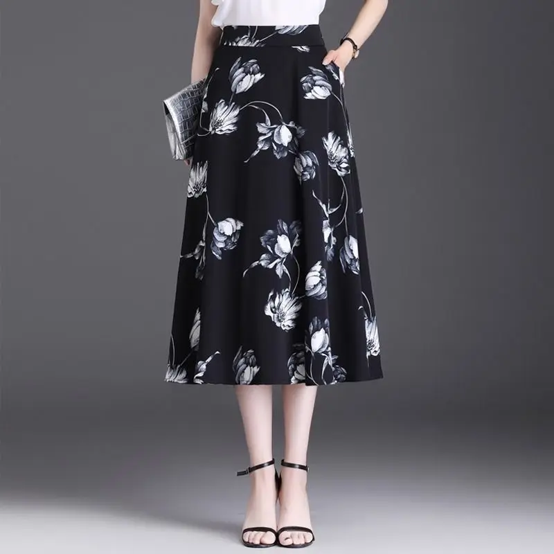 Womens Black White Floral Print High Waist A Line Midi Skirt With Pockets Casual Elegant Summer Skirt