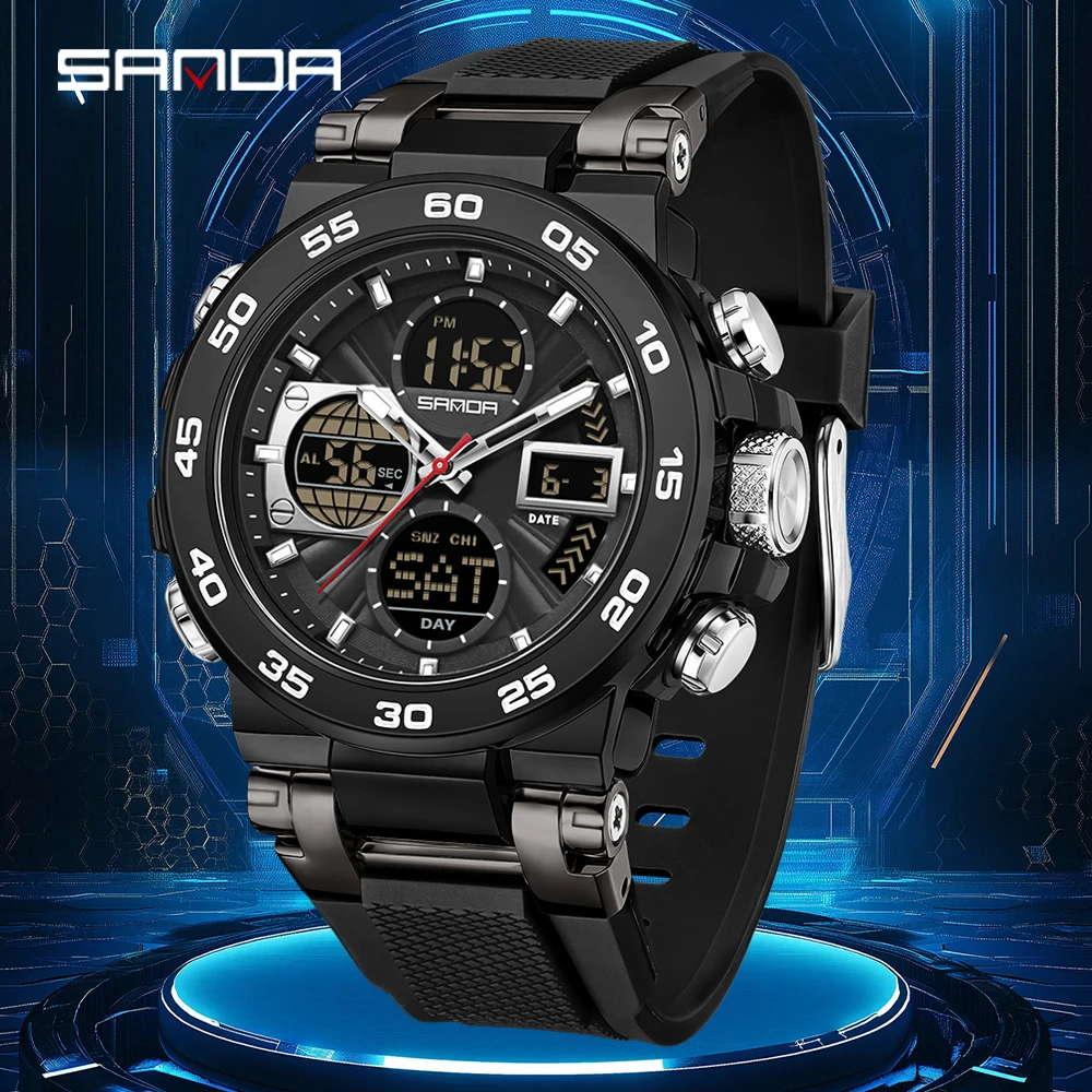 SANDA 6312 new tape sports watch dual monitor dual core 5ATM waterproof multifunctional men's electronic watch