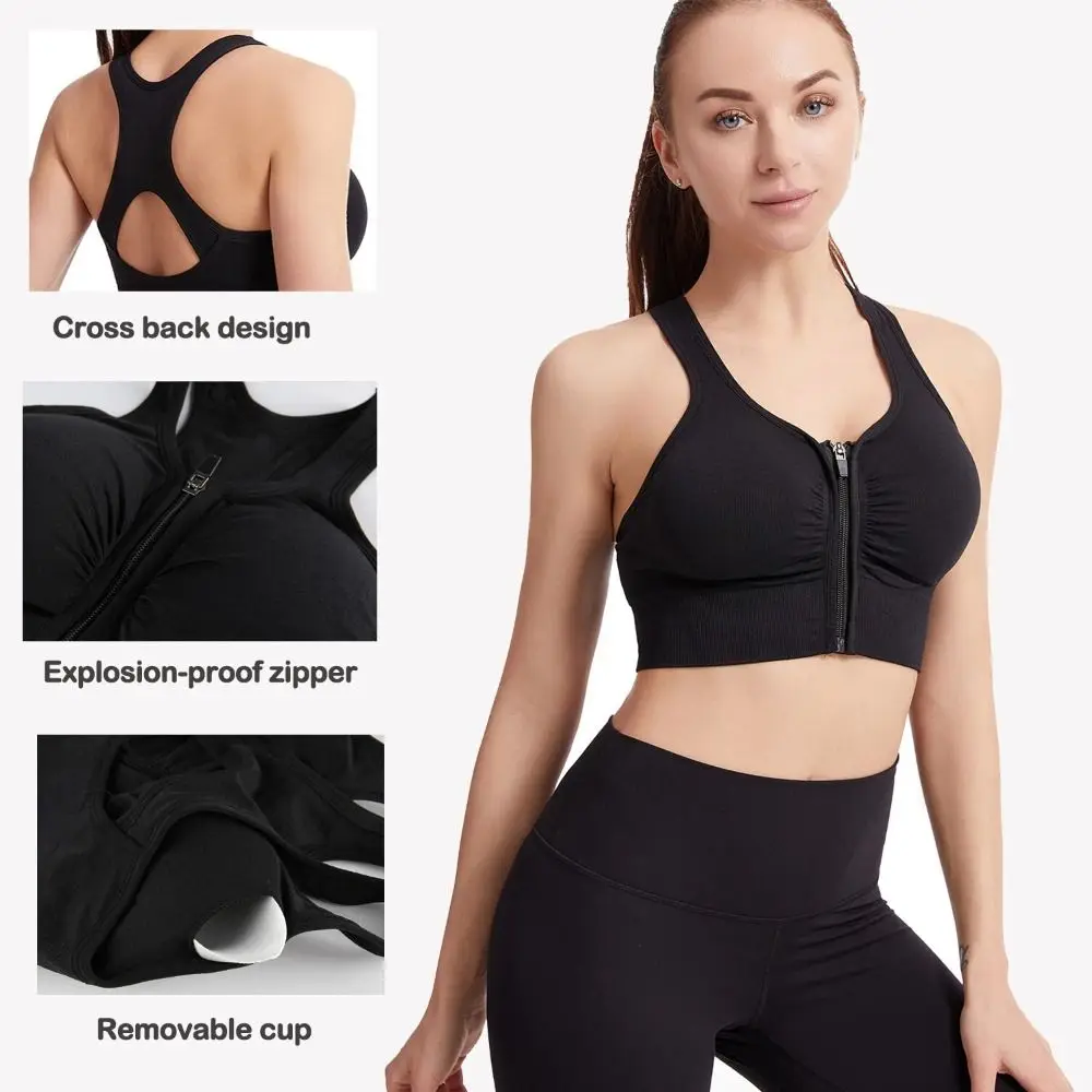 

Fashion Front Zipper Design Sports Bra Shock Resistant Breathable Fitness Top Seamless Plus Size Yoga Bra