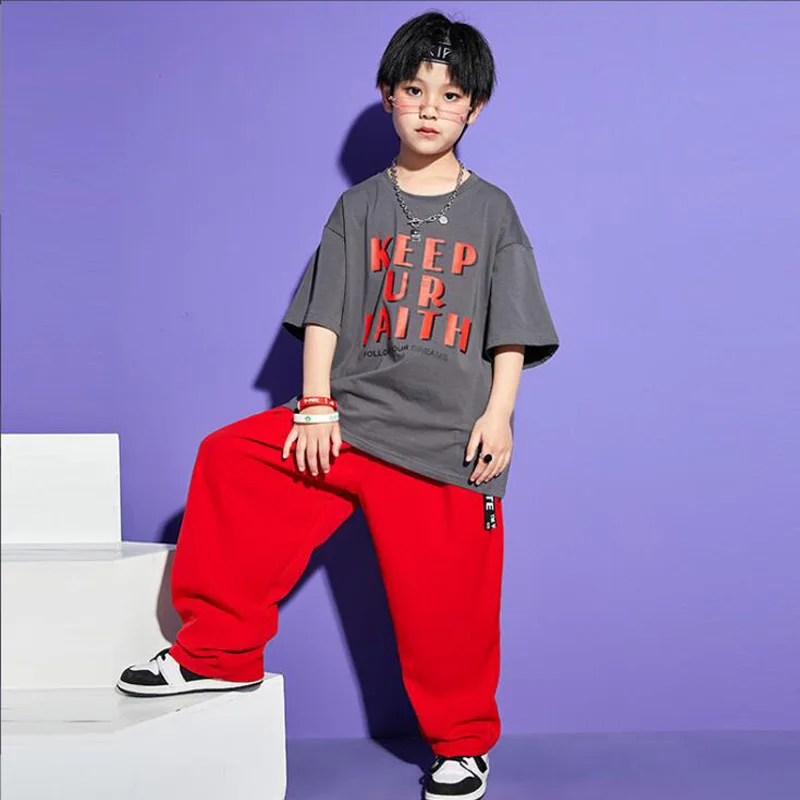 Vêtements Hip Hop surdimensionnés pour enfants, t-shirt imprimé, pantalon baggy rouge décontracté pour adolescentes, costume de danse jazz pour garçons, montrant des vêtements