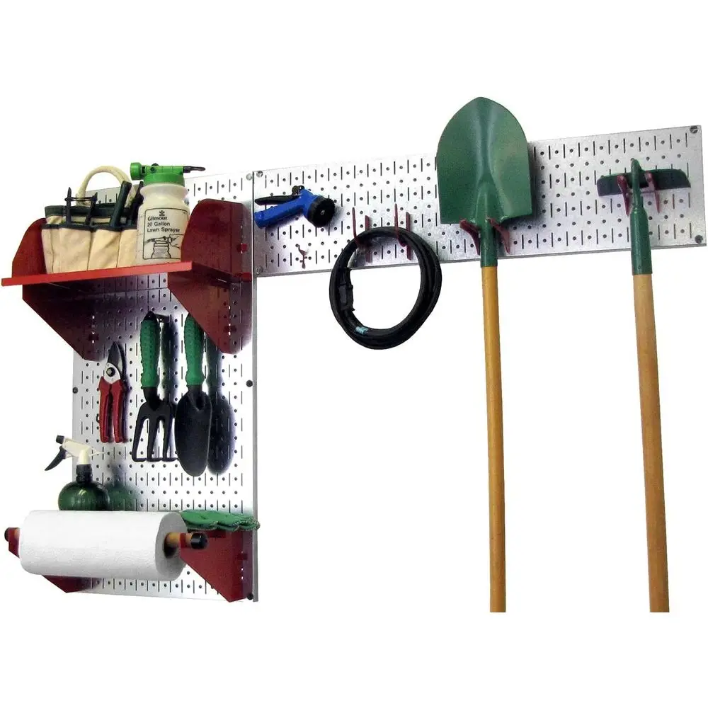

Metallic Pegboard Garden Tool Organizer Kit with Red Accessories