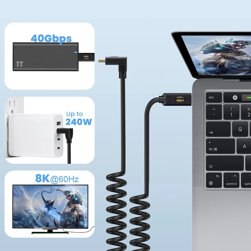 1,2 m escalable USB 4,0 40Gbps PD 240W 5A Lightning Cable tipo C de carga rápida Cable 8K 60Hz adecuado para Macbook Pro