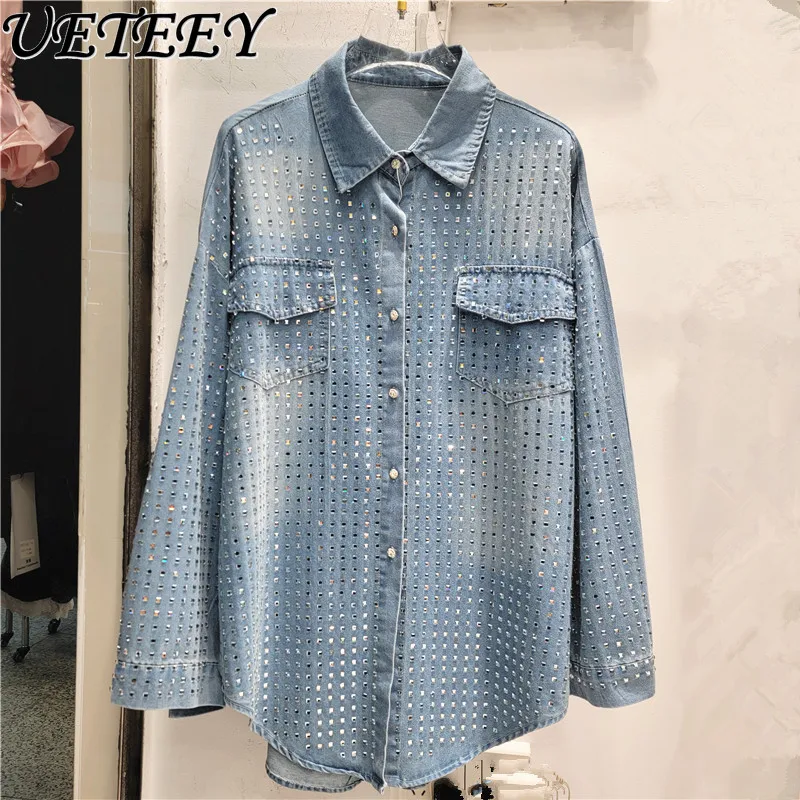 

Korean Style Light Luxury High-end Loose Shirt New Blue Camisas Crystal Hot Diamond POLO Collar Long Sleeve Tops for Women