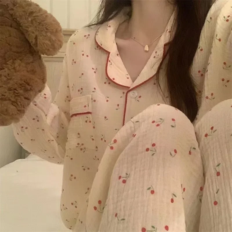 Ladies New Lapel Cardigan Girls Home Comfort Set Country Style Crinkle Fabric Cherry Cute Long Sleeve Pajamas Loungewear Women