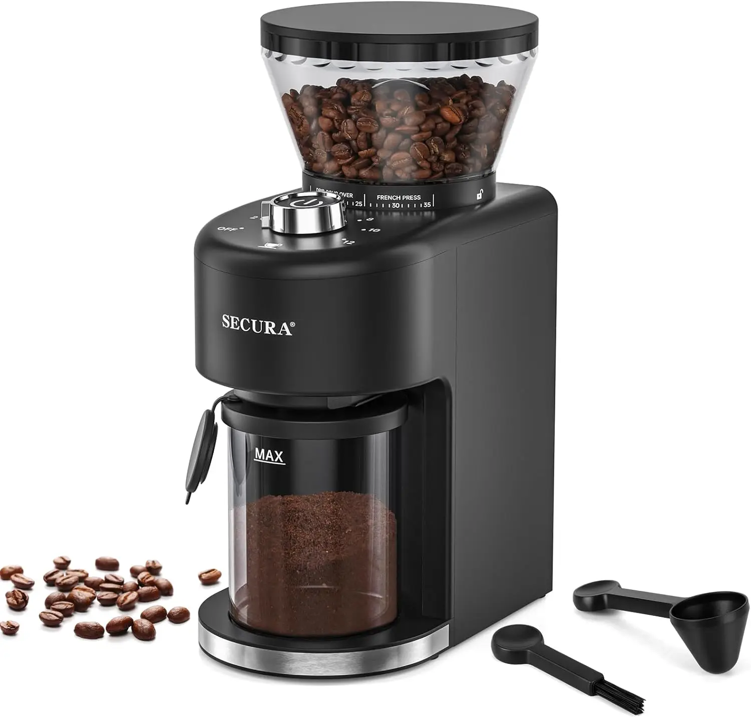 

Stainless Steel Conical Burr Coffee Grinder with 35 Settings, Adjustable Capacity for 2-12 Cups, One-Touch Operation