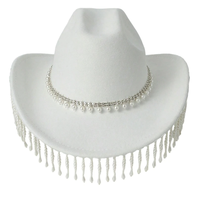 

Pearls Cowboy Hat Flickering Tassels Hat for Disco House Cocktail Parties