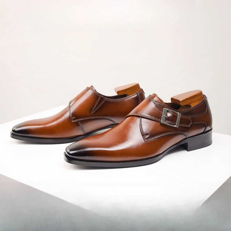 

Classic Retro Dress Men Monk Leather Shoes with Pointed Toe Buckle Business Shoes Office Wedding Comfortable Men Oxfords Shoes