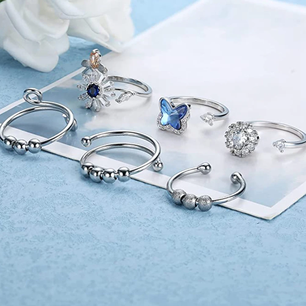 

6 Pcs Rotating Ring Set Rings Fidget Jewelry for Women Beadwork Copper Rotatable Beads