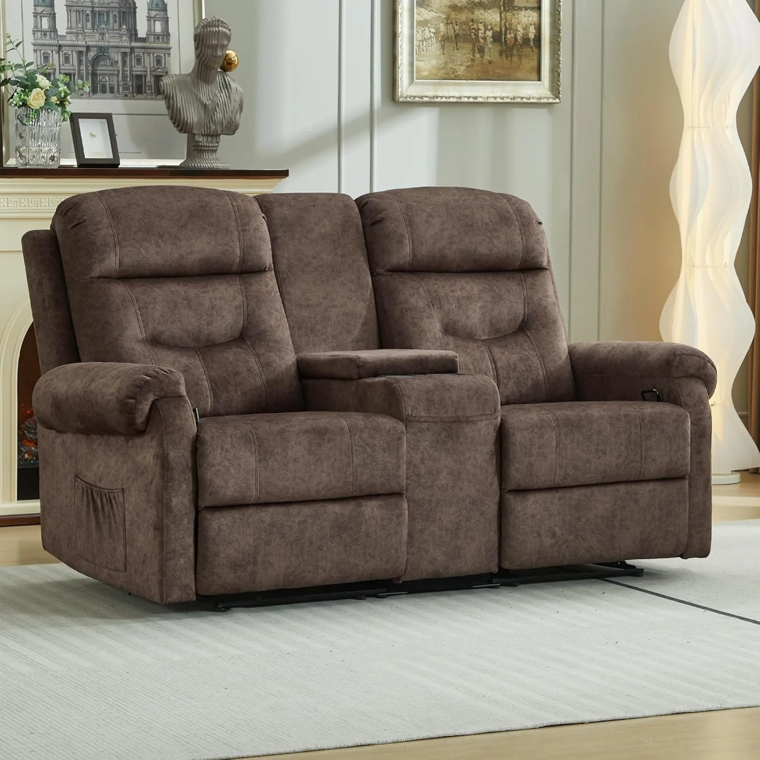 Loveseat Recliner Sofa with Console, Velvet Fabric Double Wall Hugger Reclining Couch Manual Home Movie Seating 2 Person Recl
