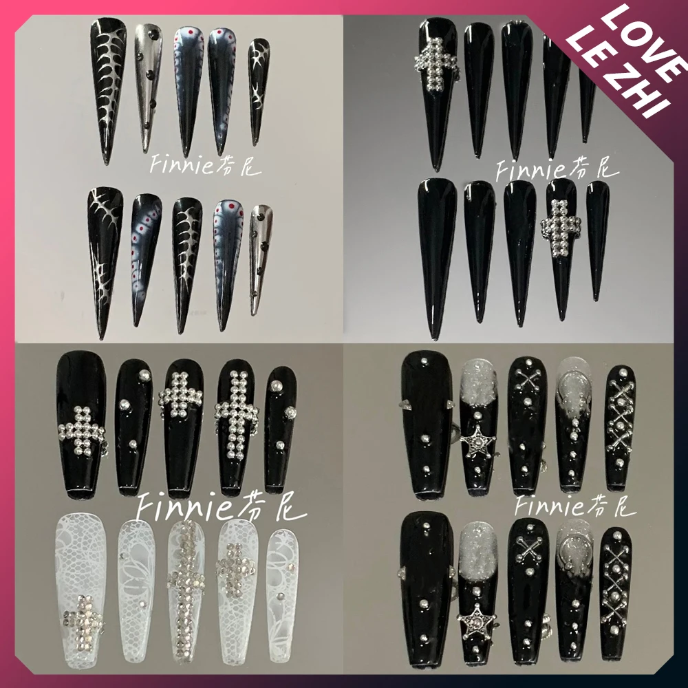 

Y2K 10Pcs Long Coffin Tip Shaped Full Cover Art Nail Spice Girl Leopard Print Bowknot Shining Diamond Heavy Metal Fake Nails