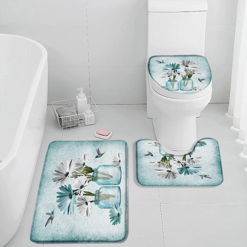 Rustic Farmhouse Floral Bath Mat Set Inspirational Words Butterfly Daisy Wildflower Sunflower Flower Bath Rug Toilet Lid Cover