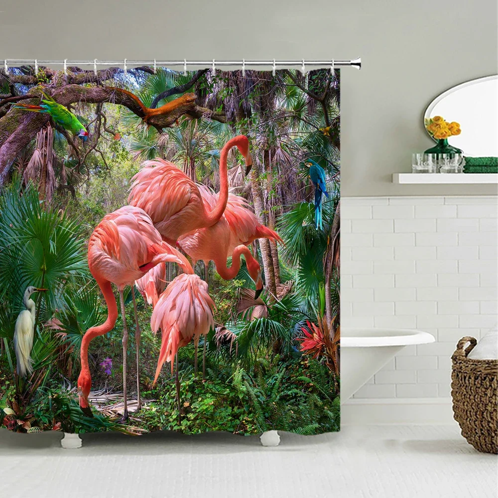 Flamingo Shower Curtains with Hook, Green Leaf, Polyester Fabric, Bathroom Decoration, Bath Screen  Hook