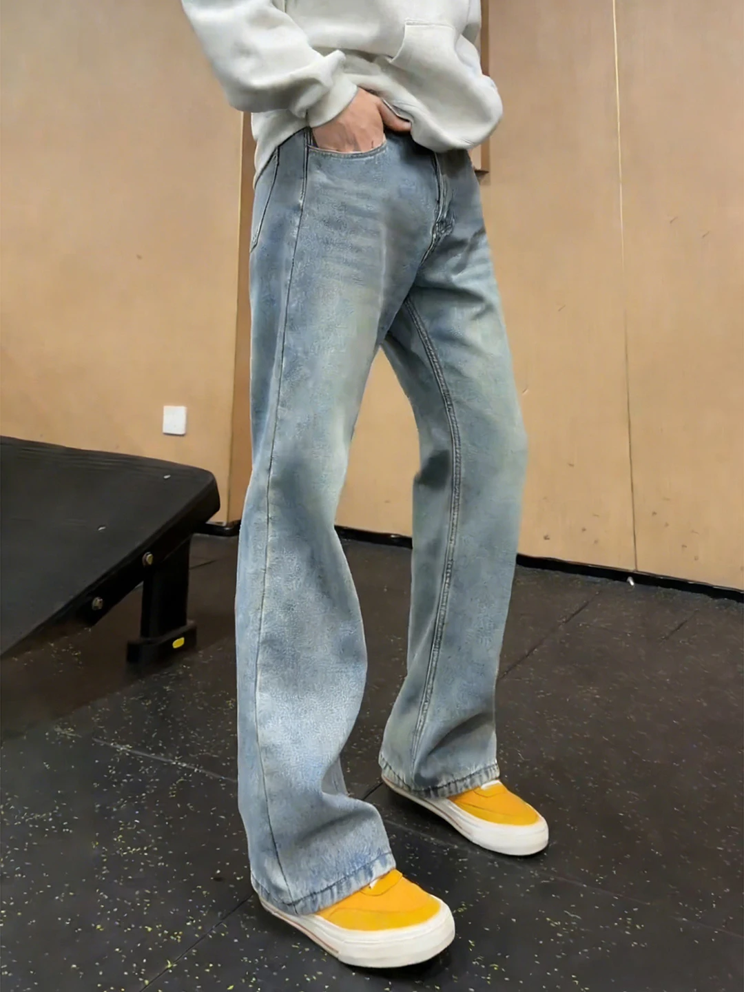 

Light Blue Waed Fce Lined Straight Leg Jeans Men's Autumn Winter American High Street Sle Casual Trousers