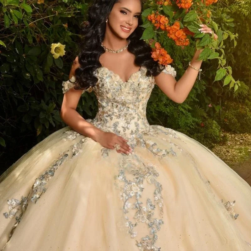 

Yellow Quinceanera Dresses Customized Applique Sweetheart Tulle Ball Gown Birthday Party Sweet 16 Vestidos De 15 Anos