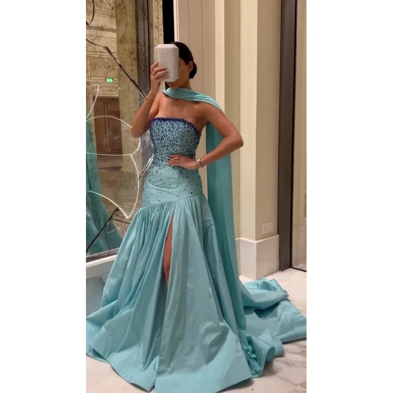 Indie Strapless Prom Dresses A-Line Plus size Formal Dress Sleeveless Evening Gown Beading Open Leg Party Gowns customized 2025 image 5