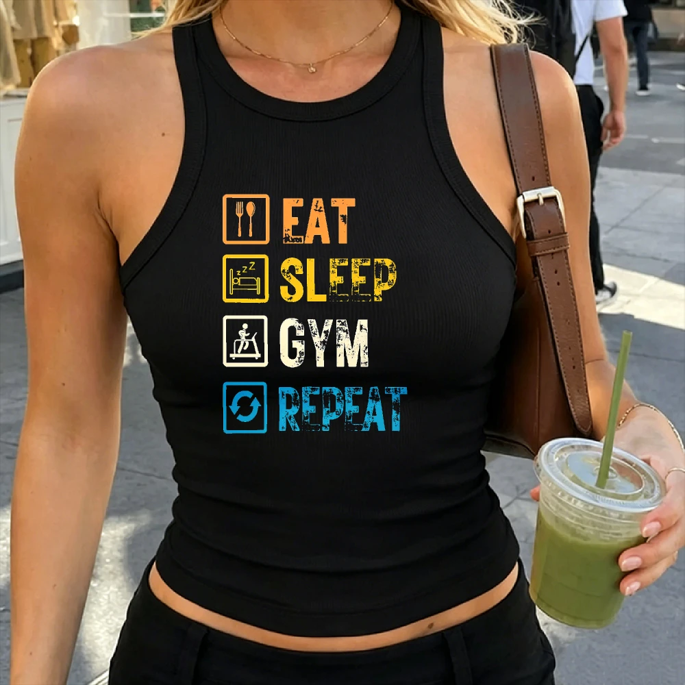 Eat Sleep Gym Camisole Repeat Distressed Icon Graphic Ribbed Crop Tank Women Fitness Workout Sleeveless Gym Lover Crop Top